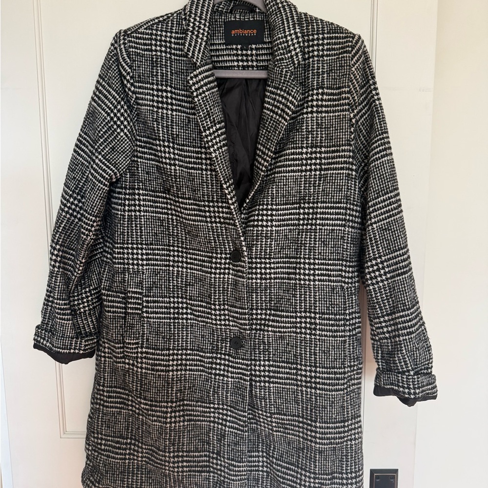 Ambiance Black & White Plaid Tailored Trench Coat